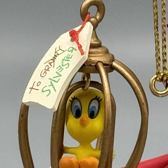 1995 Warner Brothers Santa Sylvester & Tweety Bird in Cage Christmas Ornament 3" - Picture 4 of 10